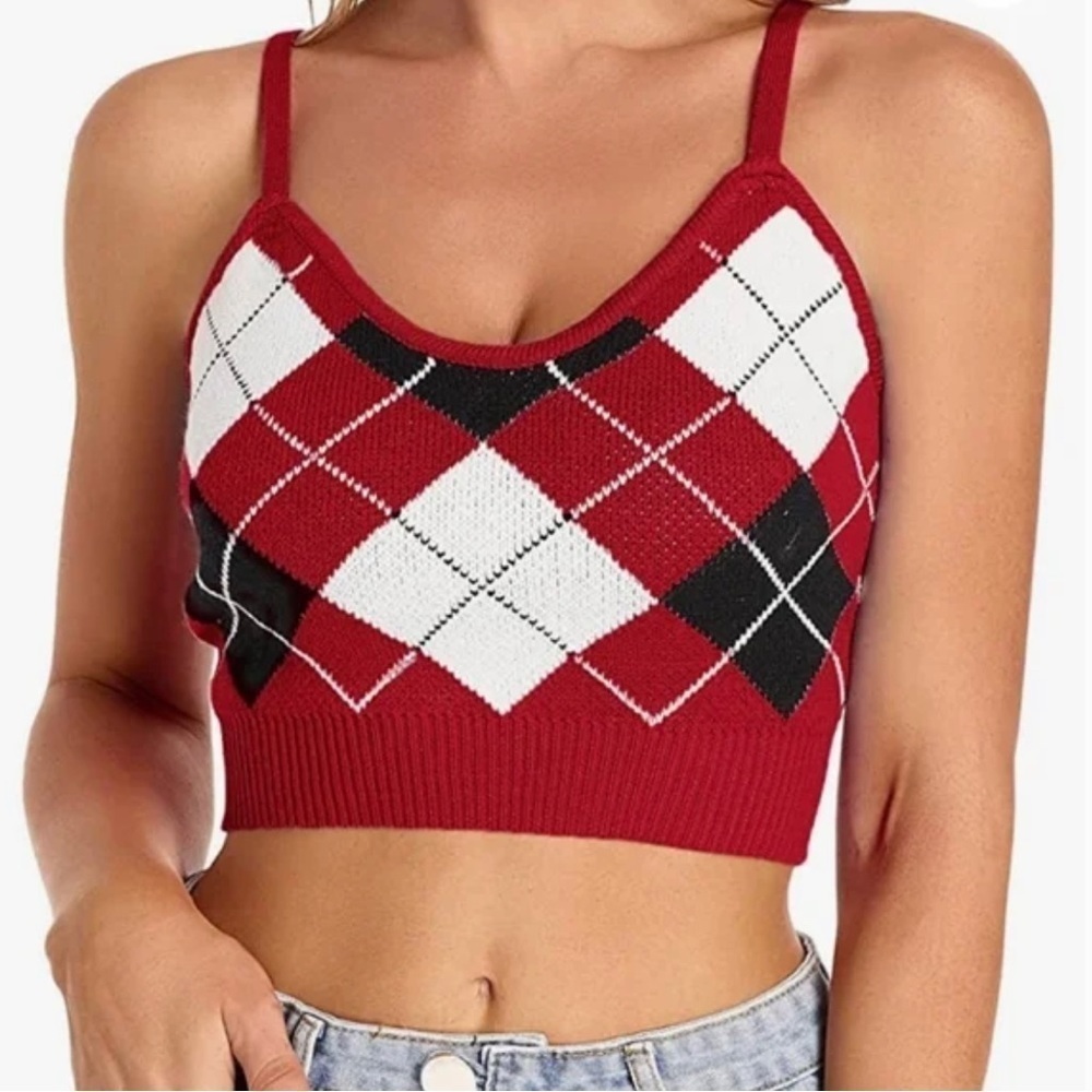 Women Fashion Sleeveless Plaid Knit Crop Spaghetti Strap Backless Cami Vest.SM